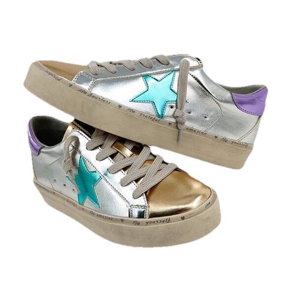 SHU SHOP Petula Platform Sneakers Metallic Silver Gold Stars Vegan Leather Sz 8 - Picture 1 of 13